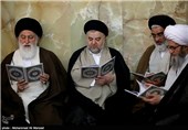 حجت‌الاسلام سعیدی و آیت‌الله شهرستانی در مراسم ترحیم همسر آیت‌الله احمد جنتی - قم