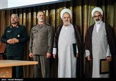 حجت‌الاسلام عبدالله حاج‌صادقی نماینده جدید و حجت‌الاسلام علی سعیدی نماینده سابق ولی‌فقیه در سپاه، سردار محمد شیرازی رئیس دفتر نظامی فرمانده کل قوا و سرلشکر محمدعلی جعفری فرمانده کل سپاه