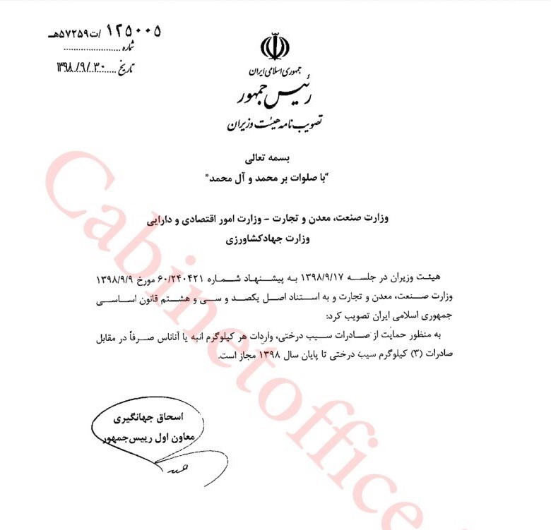 وزارت جهاد کشاورزی , جلسات هیئت دولت , بازار میوه , 