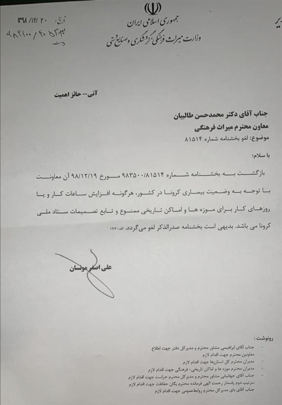 سفرهای نوروزی , ویروس کرونا , وزارت میراث فرهنگی، گردشگری و صنایع دستی , موزه‌های ایران , 