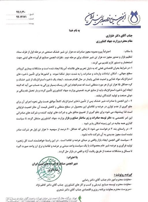 انجمن صنایع لبنی , صادرات , ویروس کرونا ,