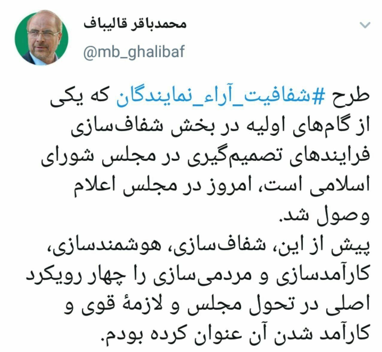 پرونده اقتصاد ایران و شفافیت , مجلس شورای اسلامی ایران , محمدباقر قالیباف , 