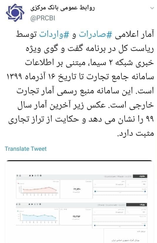 گمرک جمهوری اسلامی ایران , بانک مرکزی , تراز تجاری , صادرات , 