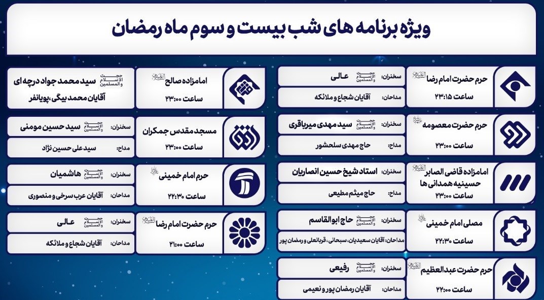 شب‌های قدر , ماه رمضان , صدا و سیما , شبکه یک , شبکه دو , شبکه سه سیما , شبکه 4 , شبکه پنج , 
