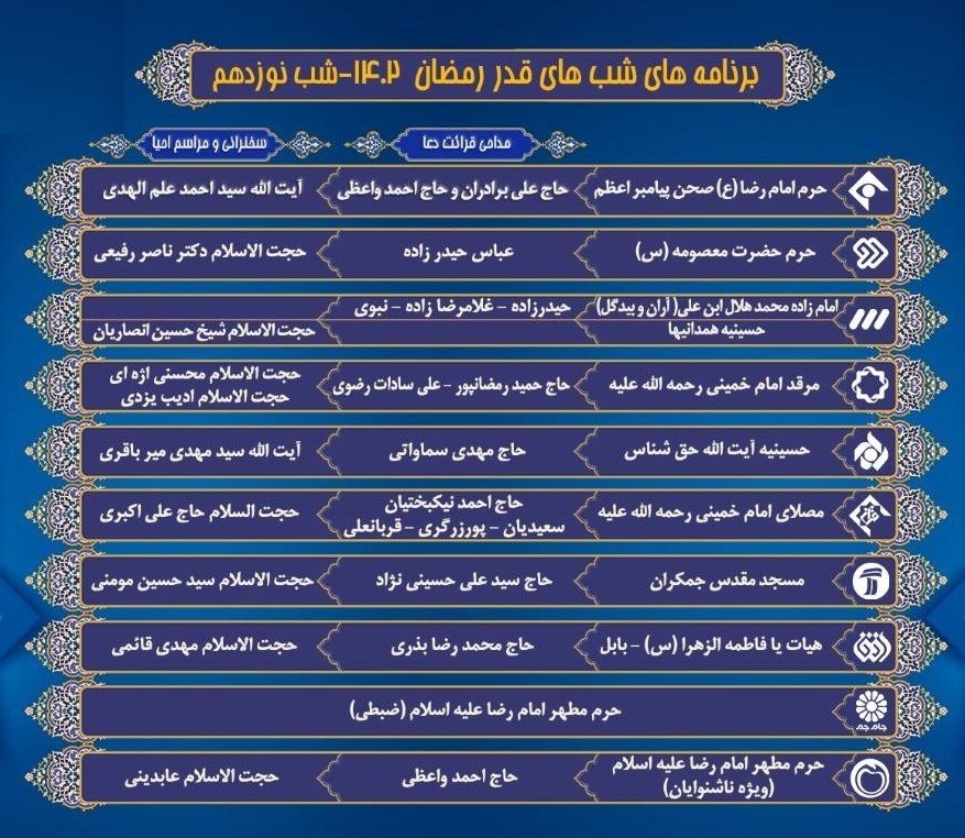 شب‌های قدر , تلویزیون , شبکه 4 , شبکه یک , شبکه دو , شبکه سه سیما , شبکه پنج , شبکه قرآن , شبکه افق , صدا و سیما , 