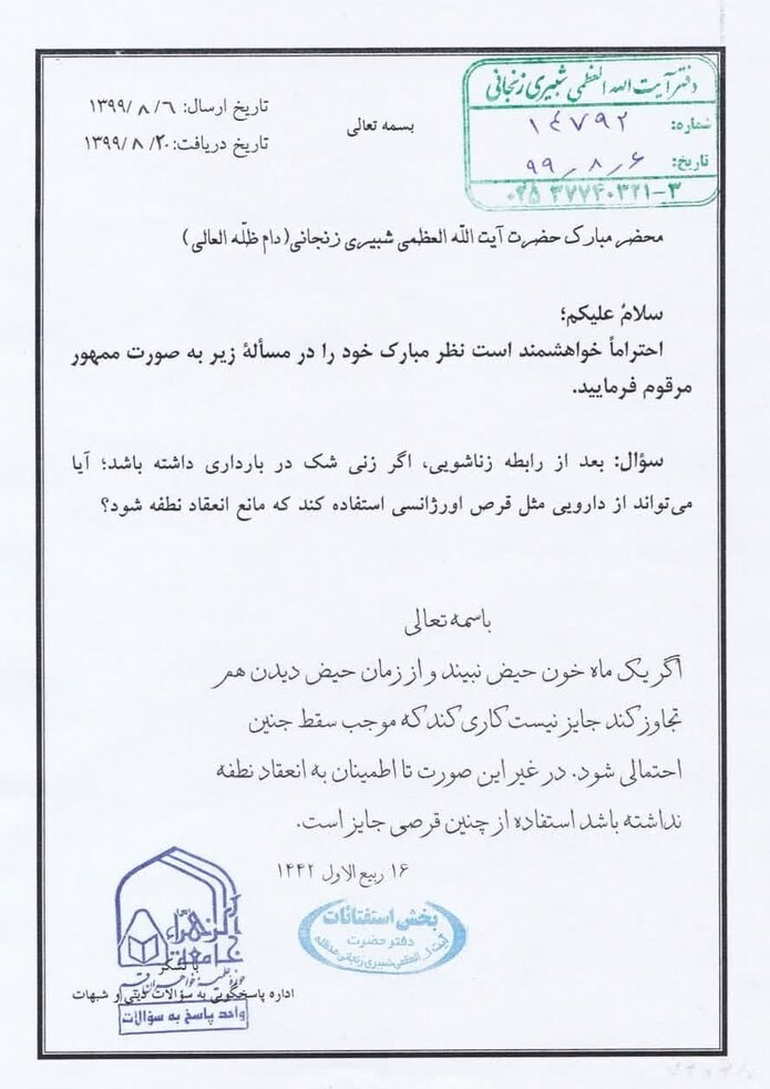 قانون حمایت از خانواده و جوانی جمعیت , استفتاء , احکام دینی , مرجع تقلید , آیت‌الله سید علی خامنه‌ای , آیت الله جعفر سبحانی , آیت‌الله العظمی سید علی سیستانی , 