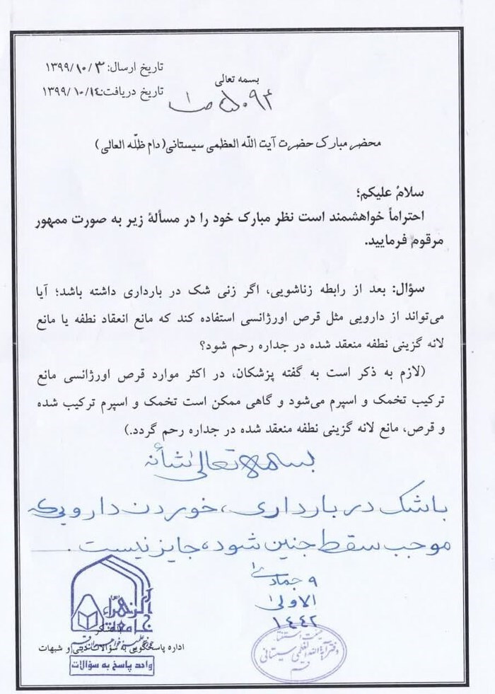 قانون حمایت از خانواده و جوانی جمعیت , استفتاء , احکام دینی , مرجع تقلید , آیت‌الله سید علی خامنه‌ای , آیت الله جعفر سبحانی , آیت‌الله العظمی سید علی سیستانی , 