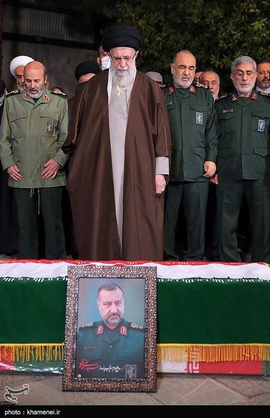 اقامه نماز رهبر انقلاب بر پیکر سردار شهید سید رضی موسوی