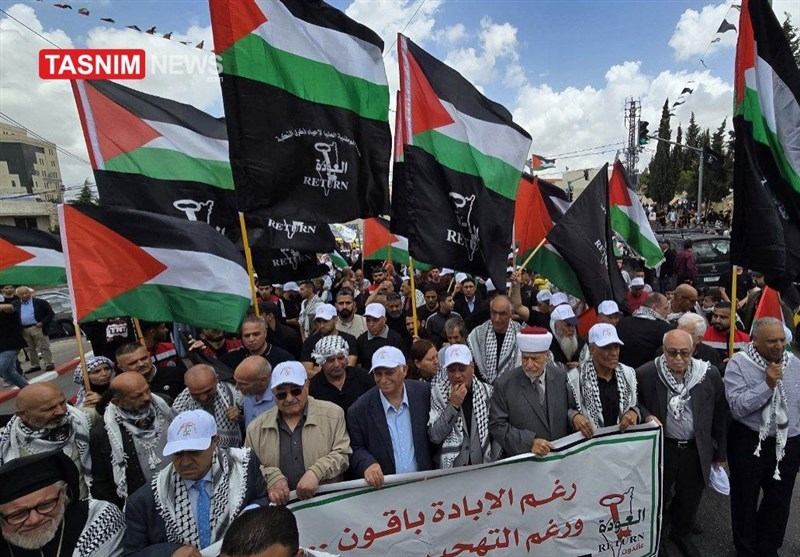 راهپیمایی مردم رام الله در هفتاد و هفتمین سالگرد روز نکبت