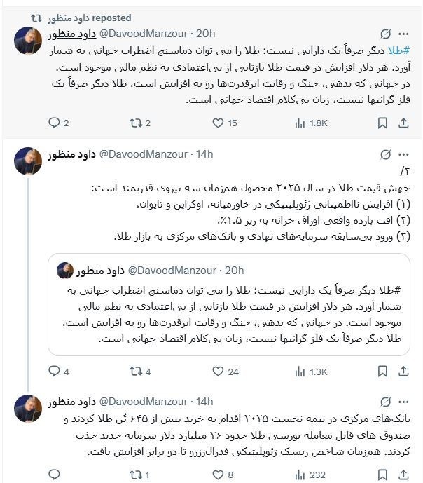 قیمت جهانی طلا , داود منظور , 