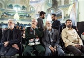 از راست : سردار حسن‌زاده، فرمانده سپاه حضرت محمد رسول‌الله(ص) تهران بزرگ ، سردار نجات، جانشین قرارگاه امنیتی ثارالله، غلامعلی حدادعادل در مراسم نخستین سالگرد شهادت سردار سپهبد شهید حاج حسین سلامی در آستان مقدس آستان مقدس حضرت عبدالعظیم حسنی(ع)