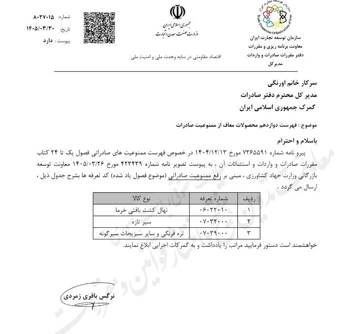 صادرات ۳ محصول کشاورزی آزاد شد