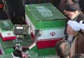 اقامه نماز بر پیکرهای مطهر امام شهید و خانواده ایشان در مسجد جمکران