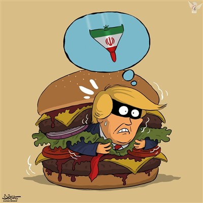 شاحنة طعام لهروب الرئيس.. كاريكاتير يمني يجسد "رعب ترامب" من الانتقام الإيراني