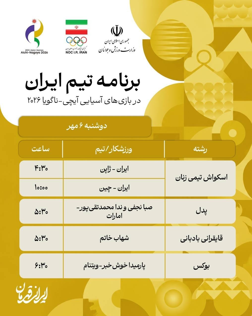 بازی‌های آسیایی 2026 ناگویا , ورزش , 